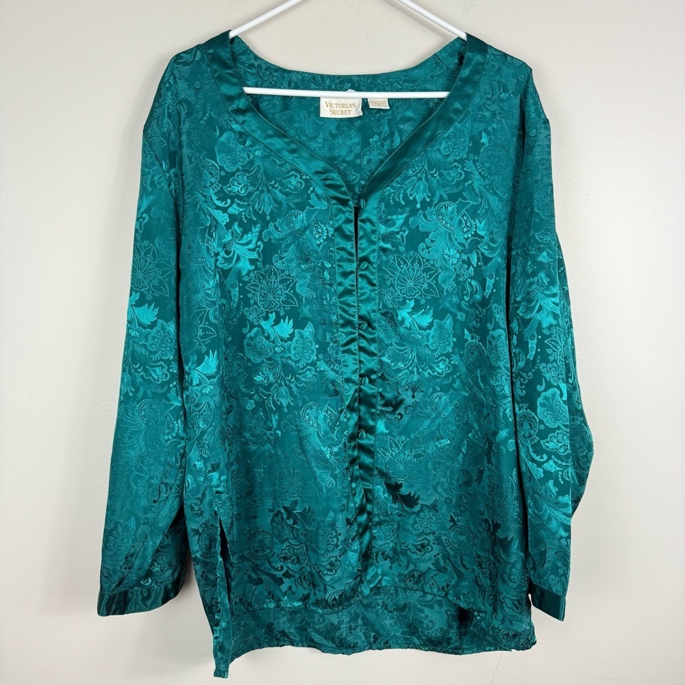 Victoria's Secret Top Womens Medium Green Teal Floral Long Sleeve Shirt Pajama